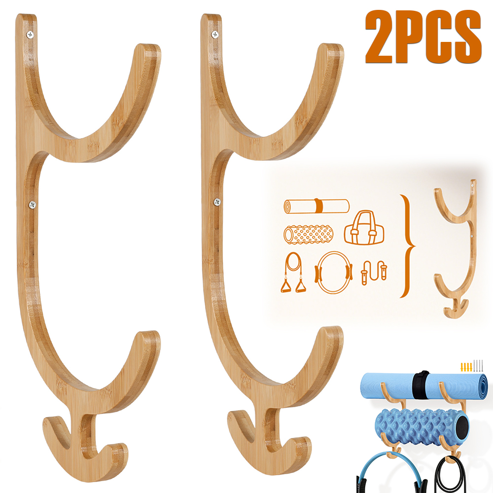 Home Gym On Wall - ที่แขวนเสื่อโยคะติดผนัง 2 ชิ้น ทำจากไม้ ที่เก็บเสื่อโยคะอเนกประสงค์ อุปกรณ์จัดระเบียบอุปกรณ์ออกกำลังกาย
