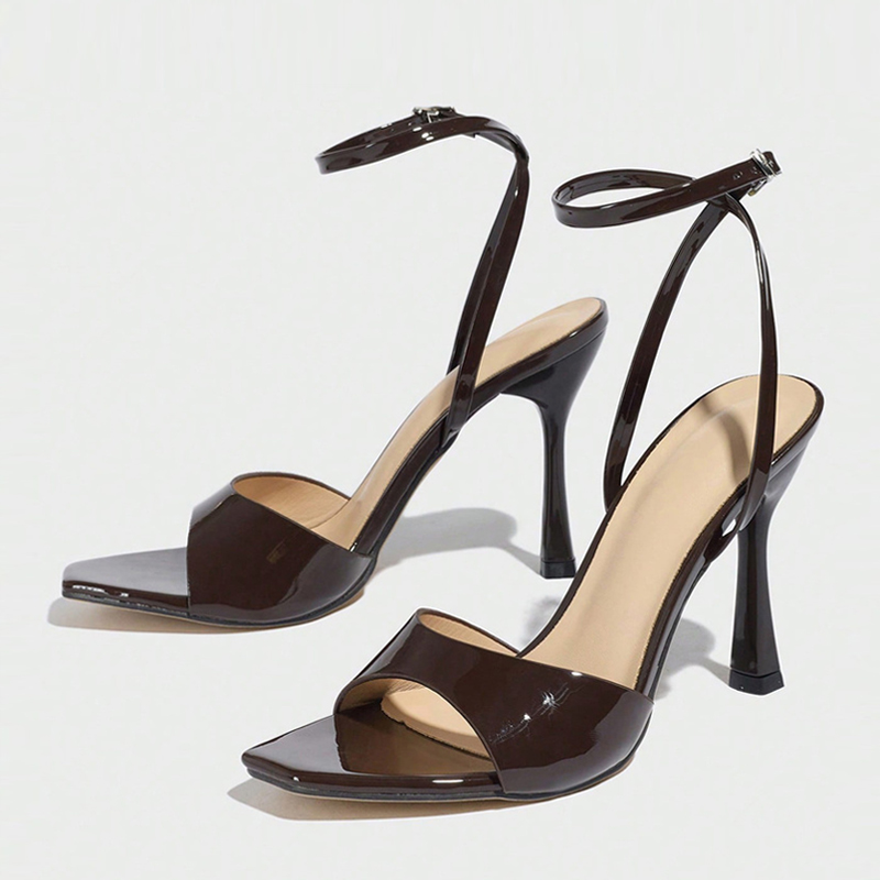 Ankle Strap Attachment - Liyke ใหม่แฟชั่นสแควร์เปิดนิ้วเท้าข้อเท้าสายคล้องคอรองเท้าแตะผู้หญิง 10 ซม.Gladiator รองเท้าส้นสูงจัดเลี้ยงรองเท้าสีน้ําตาล