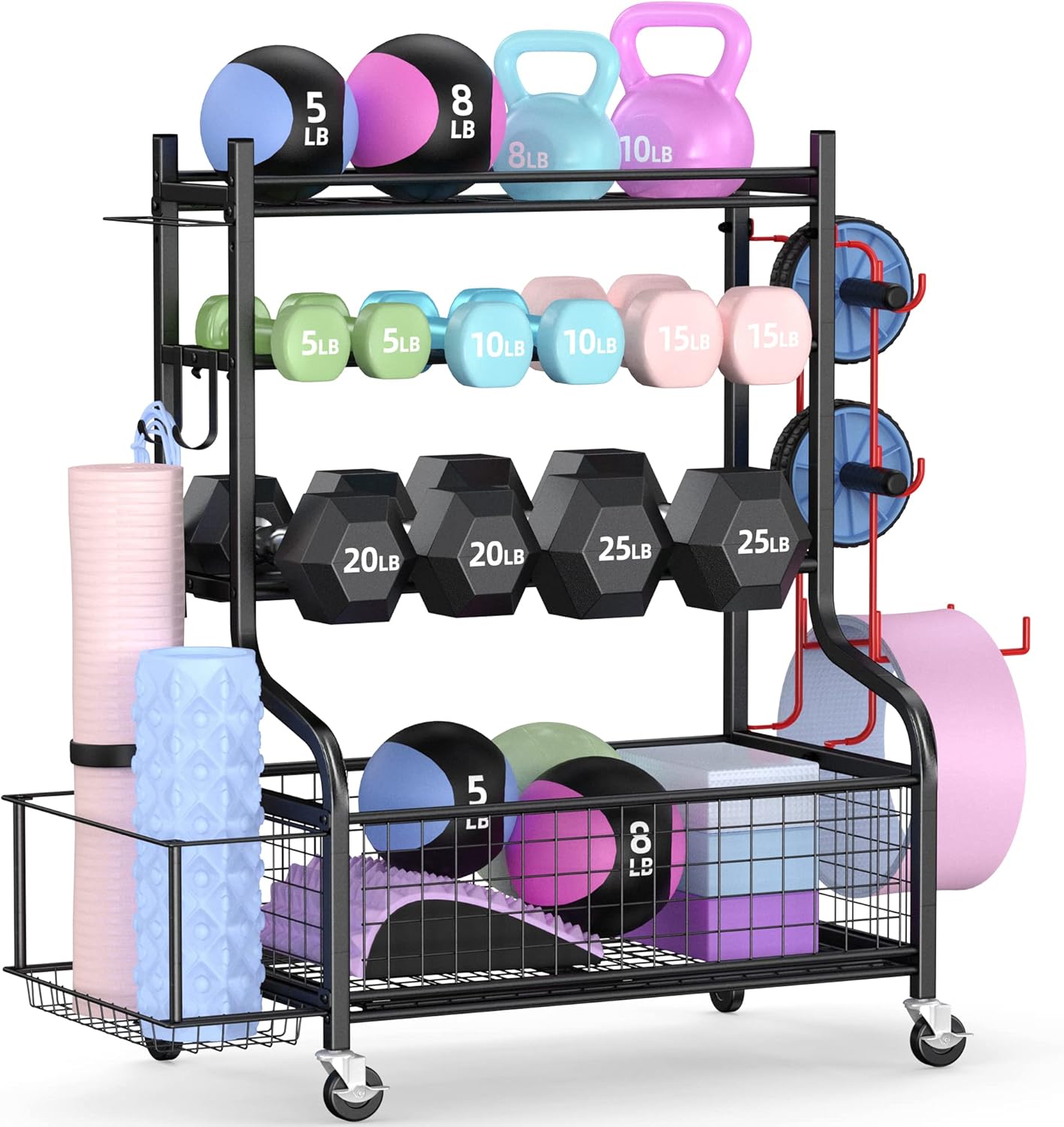 Home Gym Training - ชั้นวางดัมเบลสำหรับยิมที่บ้าน พร้อมล้อเลื่อน เหล็กแข็งแรงทนทาน จัดเก็บได้ครบในที่เดียว พร้อมตะขอและตะกร้า