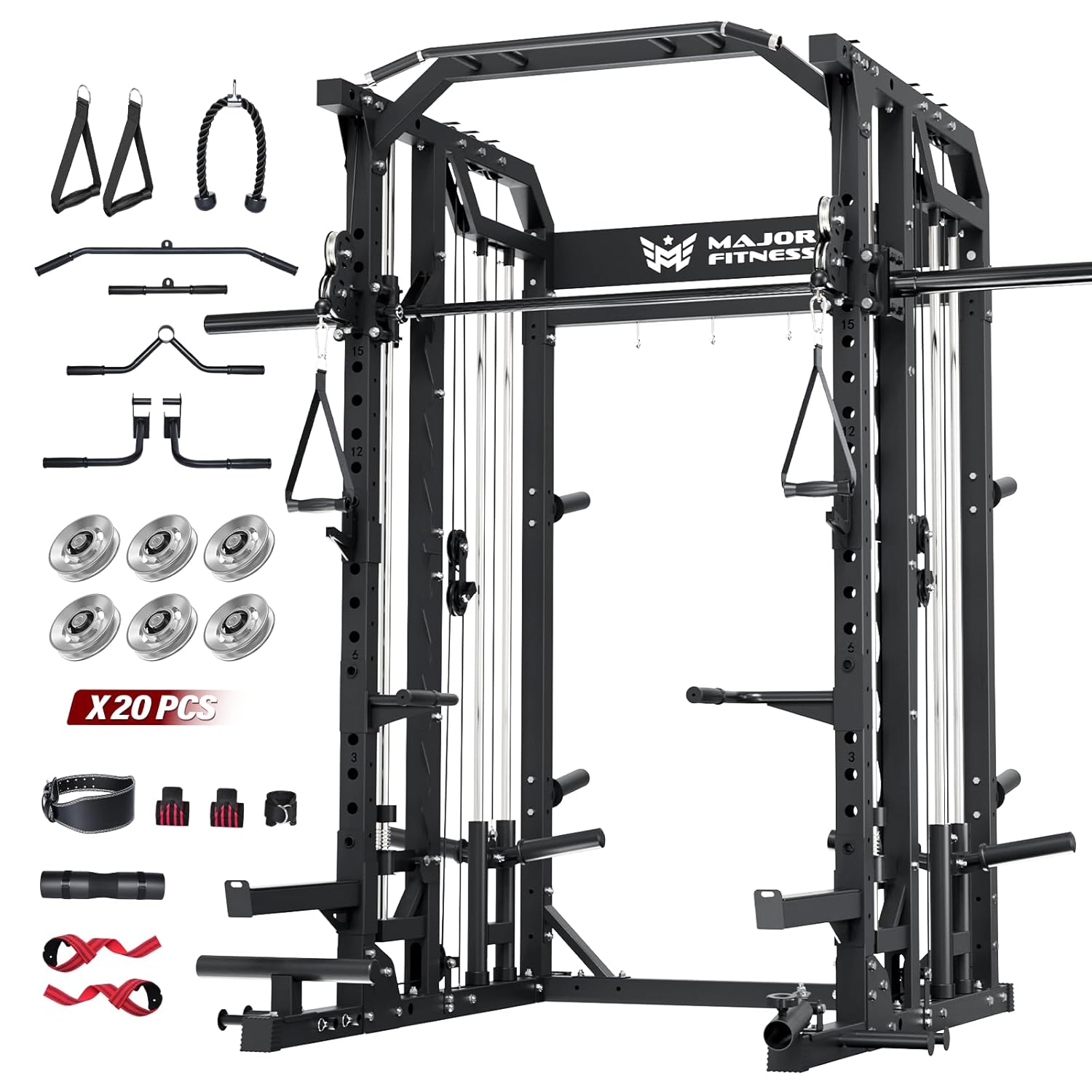 Home Gym With Smith Machine - สมิธแมชชีน โฮมยิม สควอทแร็ค พร้อมบาร์ดึงข้อศอกแบบคู่ สายเคเบิ้ลลาทพูลดาวน์ ครอสโอเวอร์