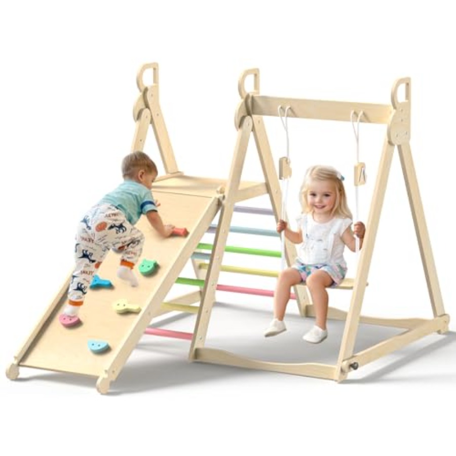 Home Gym For Toddlers - สนามเด็กเล่นในร่มสำหรับเด็กเล็ก ใช้ในบ้าน ชุดปีนป่ายไม้พับได้สีรุ้ง ประกอบด้วยชิงช้า สไลเดอร์ บันได