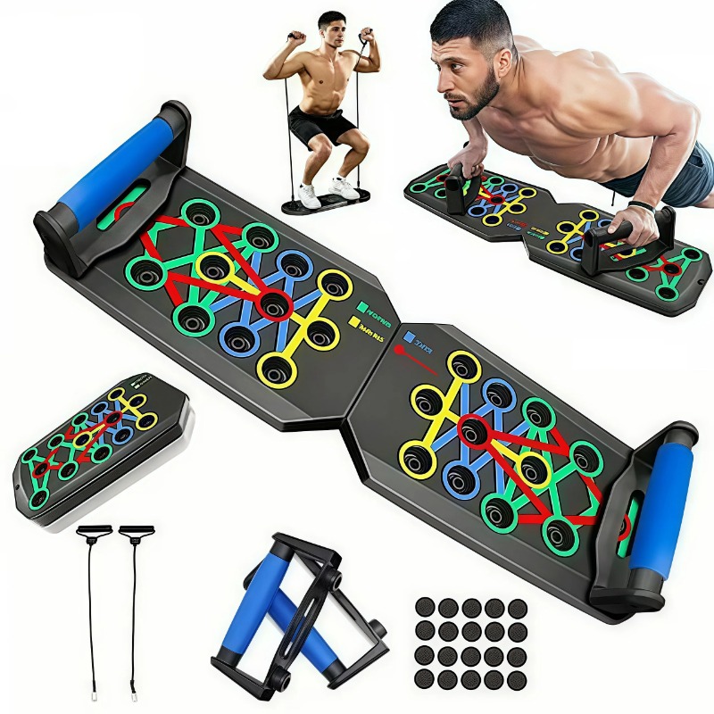 Home Gym Resistance Machine - บอร์ดวิดพื้นแบบพับได้พร้อมสายยางยืด, บาร์วิดพื้นอเนกประสงค์, อุปกรณ์ออกกำลังกายแบบพกพาสำหรับใช้ในบ้าน, ระบบฝึกกล้ามเนื้อหน้าอก หลัง ไหล่